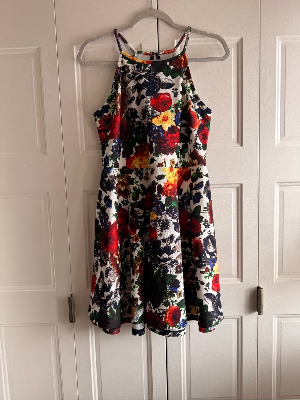 Philosophy White Halter Floral Dress with Red, Yellow & Green Accents Formal
